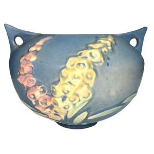 Vintage Roseville 1940's Foxglove Blue Double Handled Jardiniere 418-4